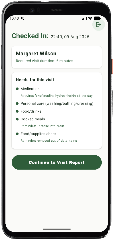 The carer app showing a patient's care needs at check-in