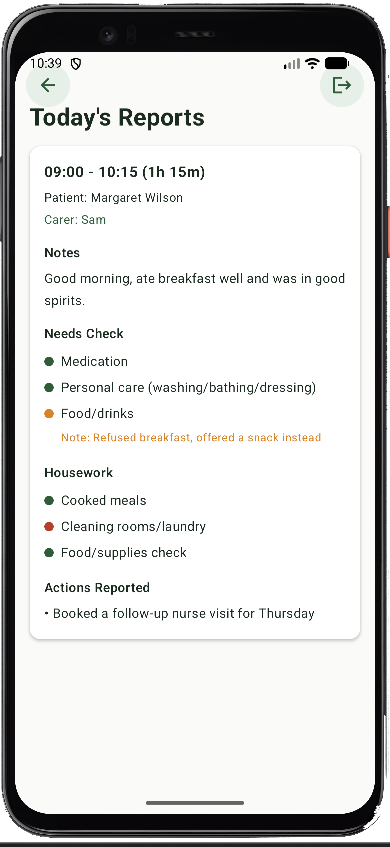 The family app showing today's visit report